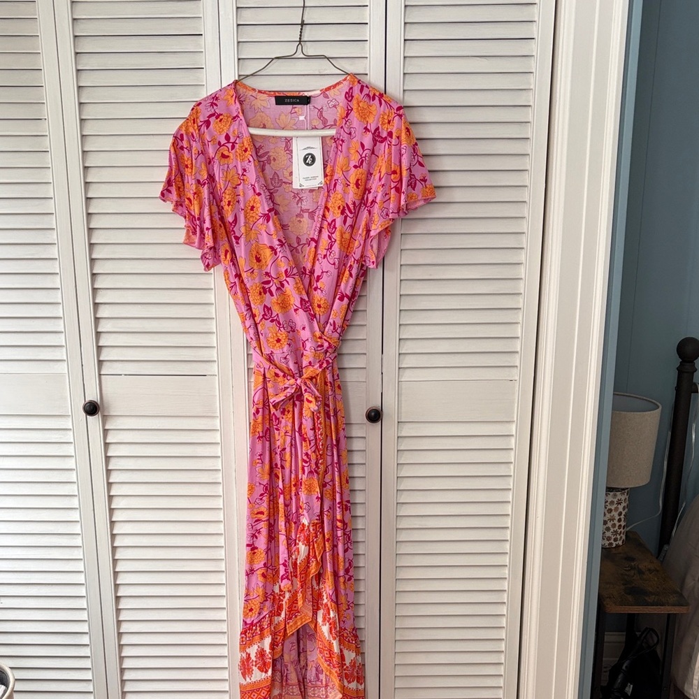 Vibrant Floral Wrap High Low Dress in Pink and Orange-NEW WITH TAG-never worn!
